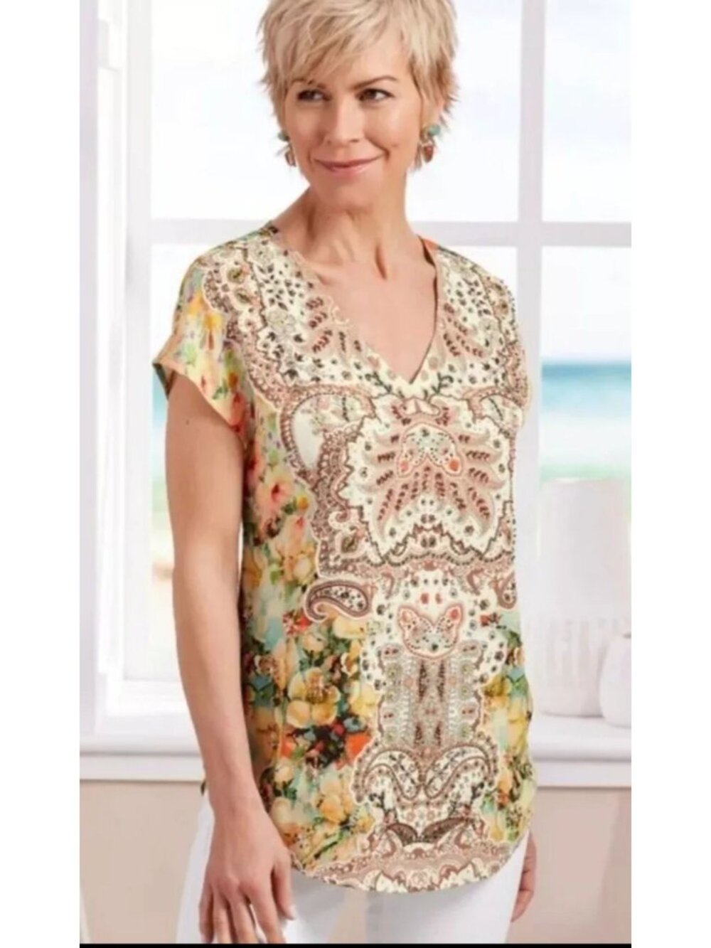 Soft Surroundings PL Floral Paisley Beaded Tunic Top  Short Sleeves Boho